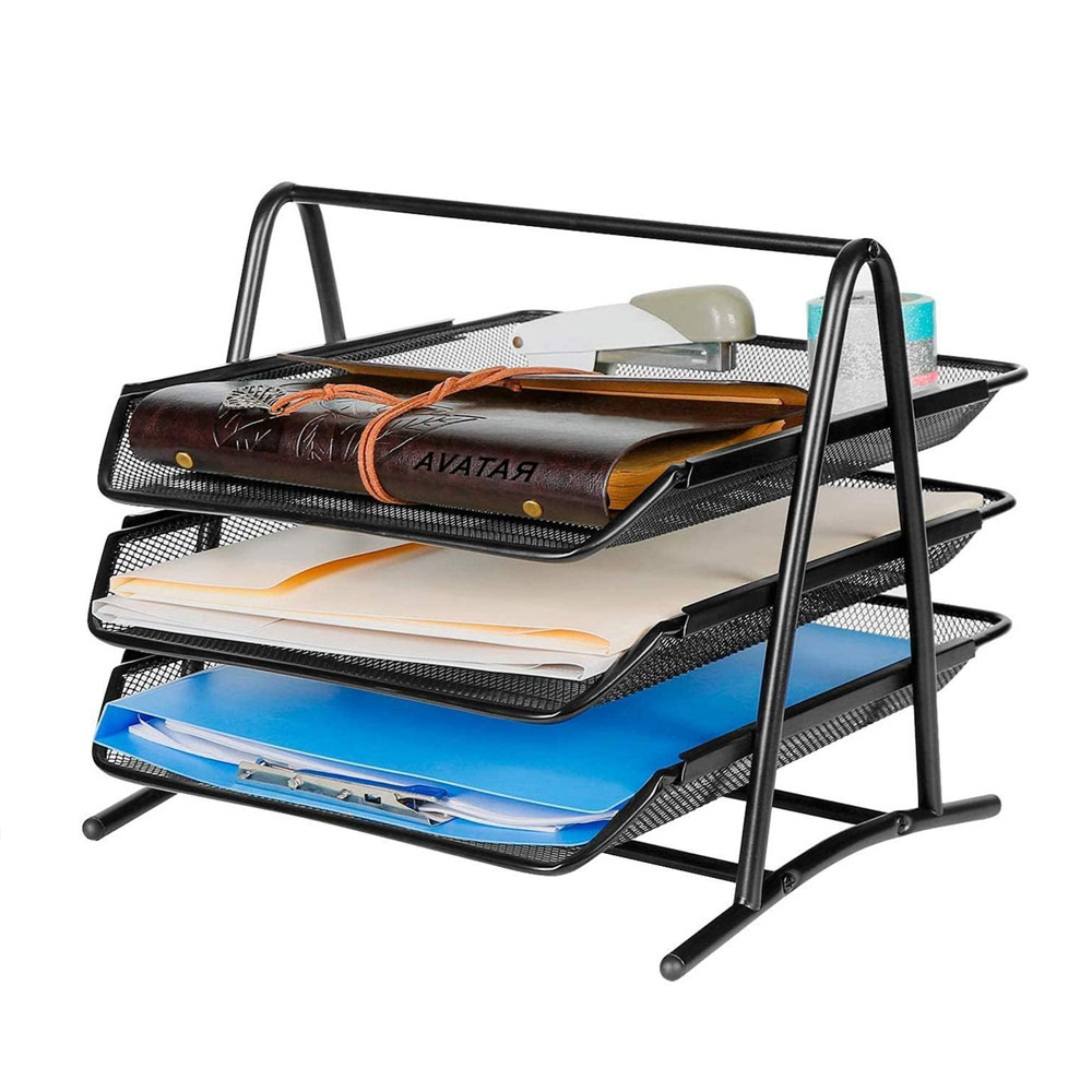 Desktop Filing Tray - ที่จัดเก็บเอกสารแบบเลื่อนสามชั้นสำหรับวางบนโต๊ะทำงาน, ที่ใส่เอกสาร/จดหมาย/เอกสารขนาด A4 แบบตาข่ายโลหะพร้อมตัวแบ่งแบบเลื่อน - สีดำ