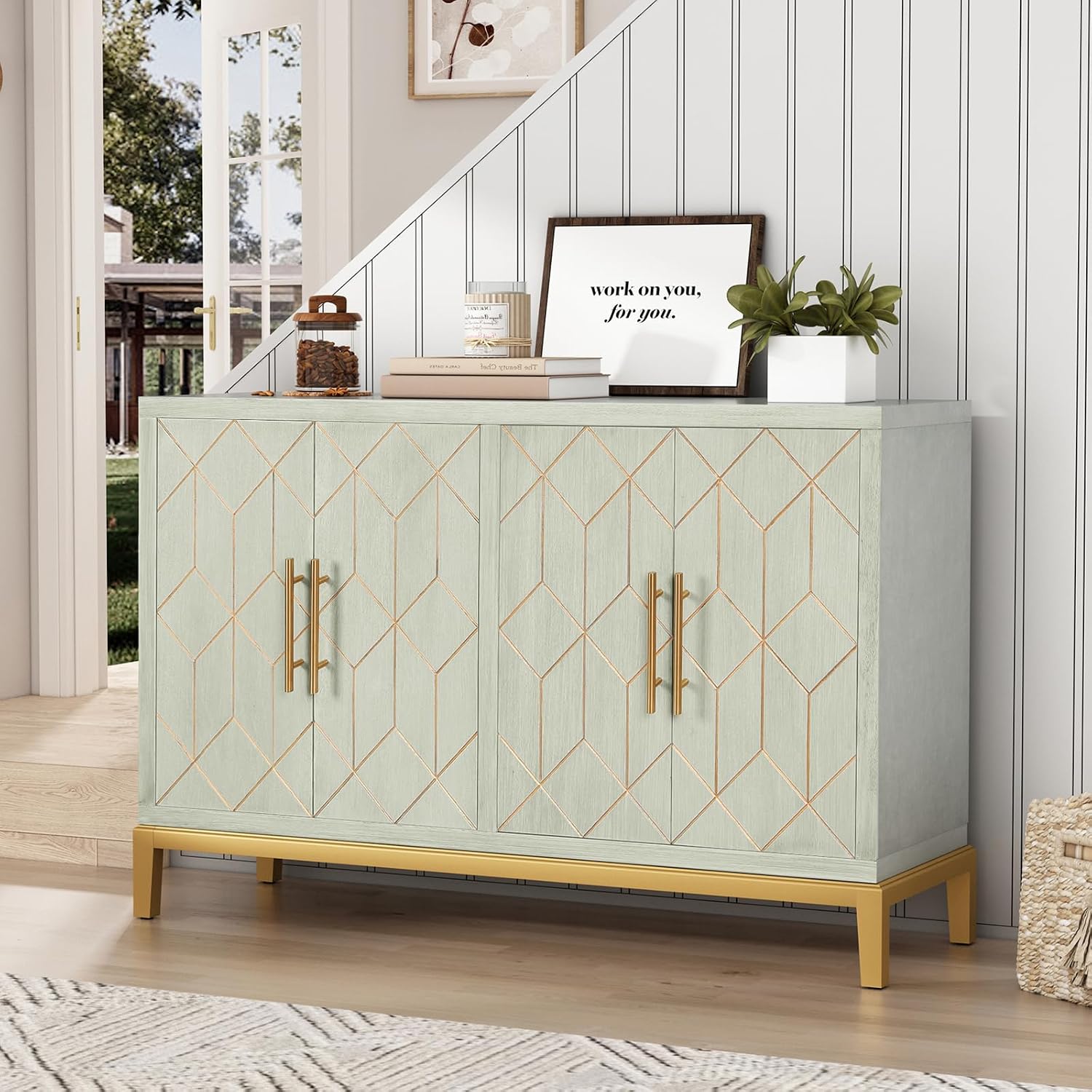 Office Furniture Credenza - ตู้เก็บของ 4 บานแบบโมเดิร์น พร้อมลวดลายแกะสลัก ตกแต่งสวยงาม เหมาะสำหรับห้องนั่งเล่น