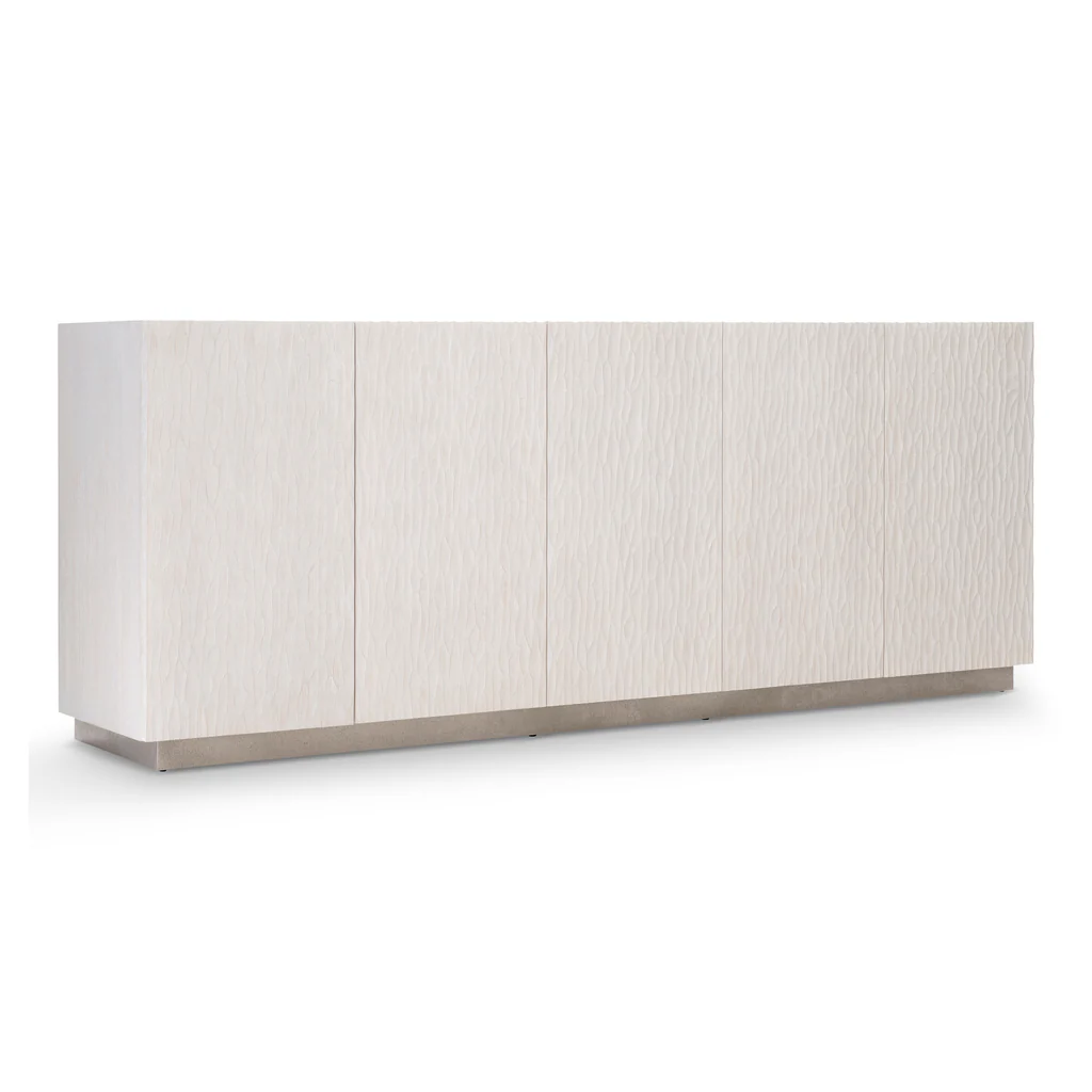 Office Furniture Credenza - ตู้วางทีวีสีขาวลายคลื่นทันสมัย ตู้เก็บของไม้หรูหราพร้อมฐานสแตนเลสสำหรับบ้านและสำนักงาน