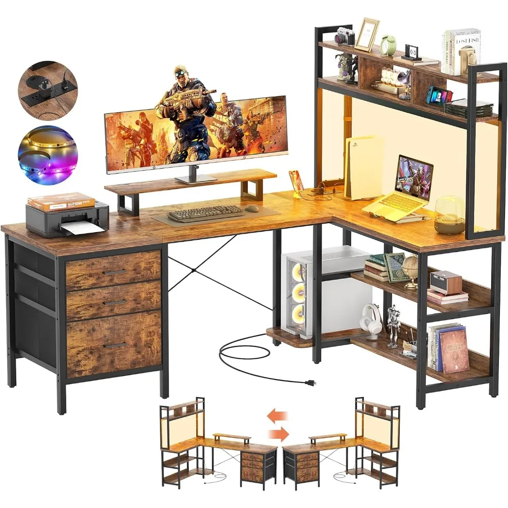 Gaming Desk With Hutch - โต๊ะทำงานรูปตัว L ยี่ห้อ Aheaplus พร้อมตู้เก็บของ, โต๊ะเกมมิ่งพร้อมไฟ