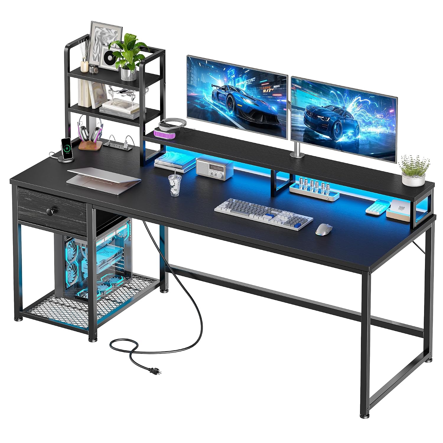 Gaming Desk With Hutch - โต๊ะเกมมิ่งพร้อมตู้เก็บของและลิ้นชัก, โต๊ะปรับเปลี่ยนทิศทางได้พร้อมชั้นวางจอภาพ, ช่องเสียบ USB และที่เก็บของ, ไฟ