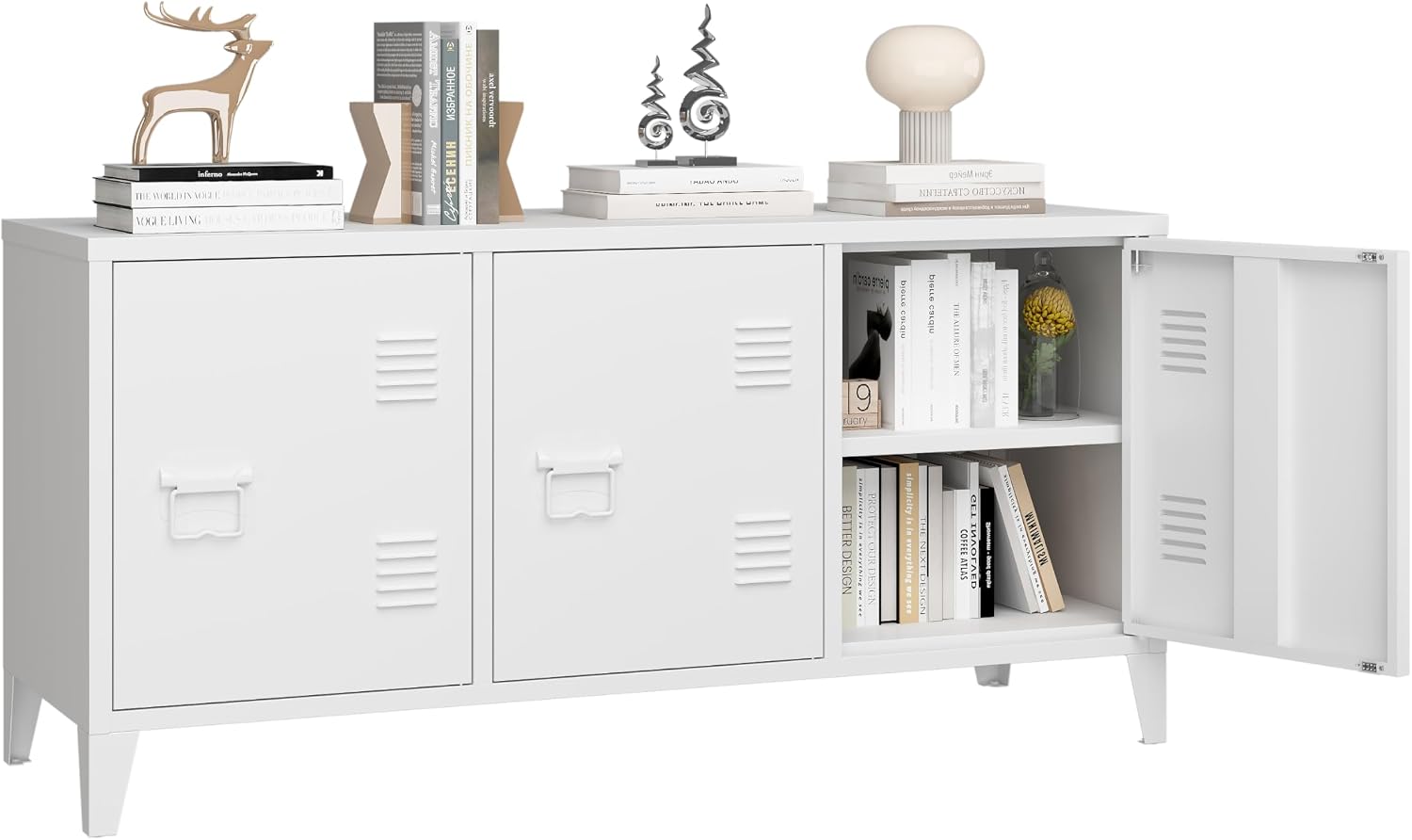 Office Furniture Credenza - ศูนย์รวมความบันเทิงพร้อมชั้นวางทีวีสมัยใหม่, ตู้เก็บของโลหะพร้อมประตูสามบานและชั้นวางปรับระดับได้, ตู้วางมีเดียสำหรับห้องนั่งเล่น ห้องนอน เฟอร์นิเจอร์สำนักงาน, สีขาว