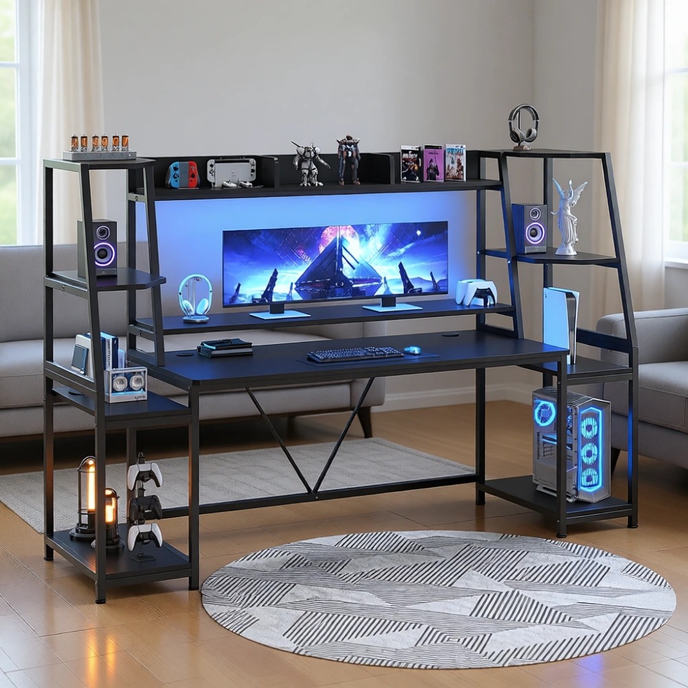 Gaming Desk With Hutch - โต๊ะเกมมิ่งขนาด 79 นิ้ว พร้อมไฟ LED, ที่เก็บของและชั้นวางของ,